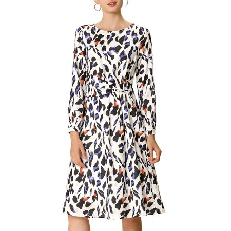 Unique Bargains Women's Leopard Boat Neck Ruched Waist A Line Midi Dresses White | Walmart (US)