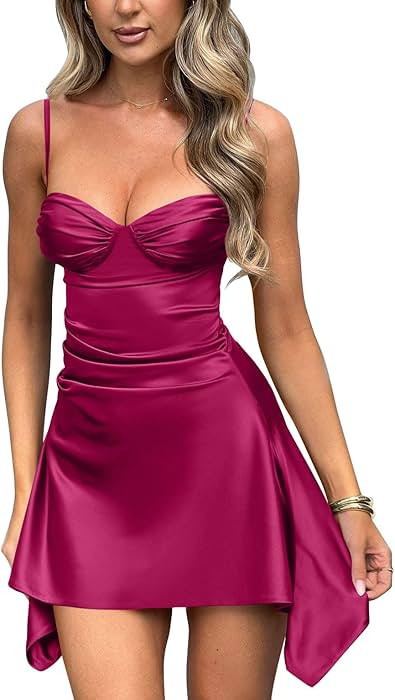 Memoriesea Women's Satin Sleeveless Spaghetti Strap Ruched Sexy Mini Club Party Dress | Amazon (US)