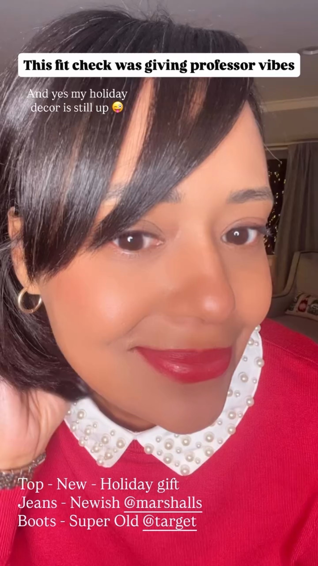 This fit check was giving professor vibes And yes my holiday decor is still up 😜  Top - New - Holiday gift
Jeans - Newish @marshalls 
Boots - Super Old @target