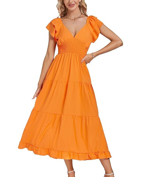 LYANER Women’s V Neck Shirred Waist Layered Ruffle Sleeve Swing Flowy A-Line Maxi Dress | Amazon (US)