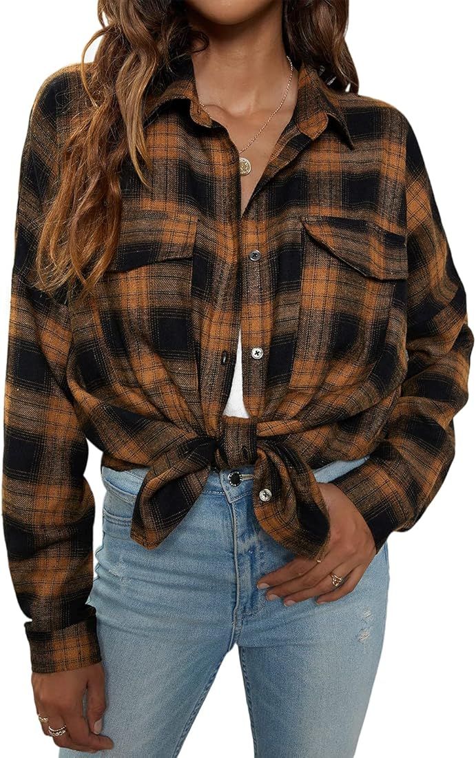 Blooming Jelly Women's Button Down Flannel Shirts Plaid Shacket Long Sleeve Collared Business Cas... | Amazon (US)