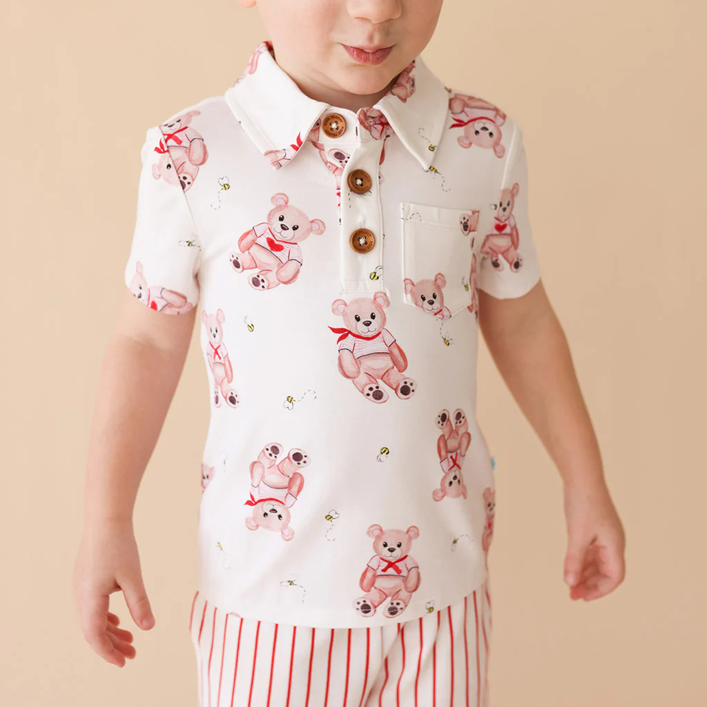 Teddy White Short Sleeve Toddler Polo | Theodoromeo | Posh Peanut