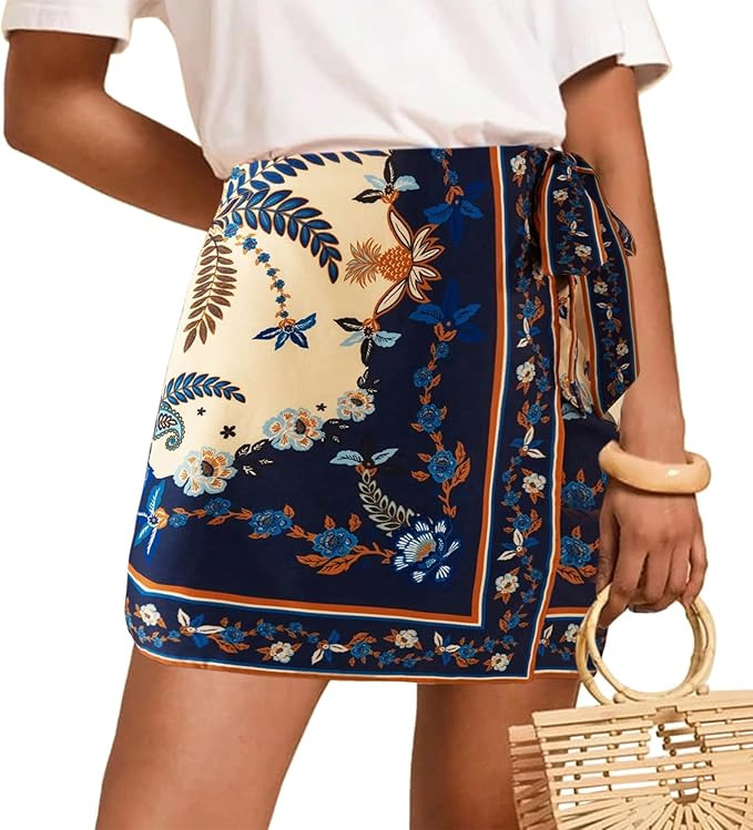 Womens Wrap Mini Skirt Boho Floral Printed Knot Side High Waist A Line Casual Summer Beach Short ... | Amazon (US)