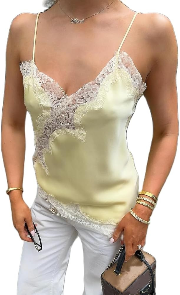 Women Satin Lace Camisole Top Sleeveless Spaghetti Strap Silk Lace Trim Cami Top Asymmetrical Tan... | Amazon (US)