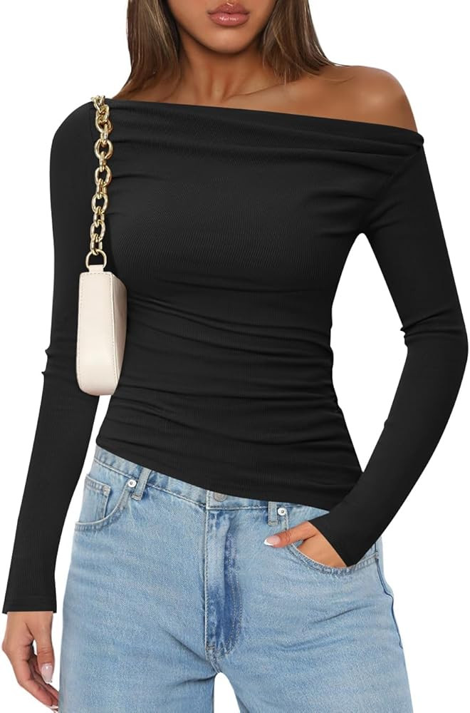 ZESICA Womens Off The Shoulder Long Sleeve Tops 2024 Casual Ruched Slim Fitted Solid Color Basic ... | Amazon (US)