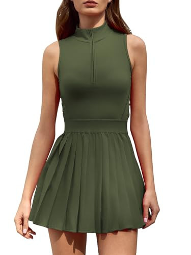 QINSEN Tennis Dress for Women Two Piece High Neck Flowy Pleated Active Dress Summer Front Zip Workout Golf Dress Army Green L | Amazon (US)