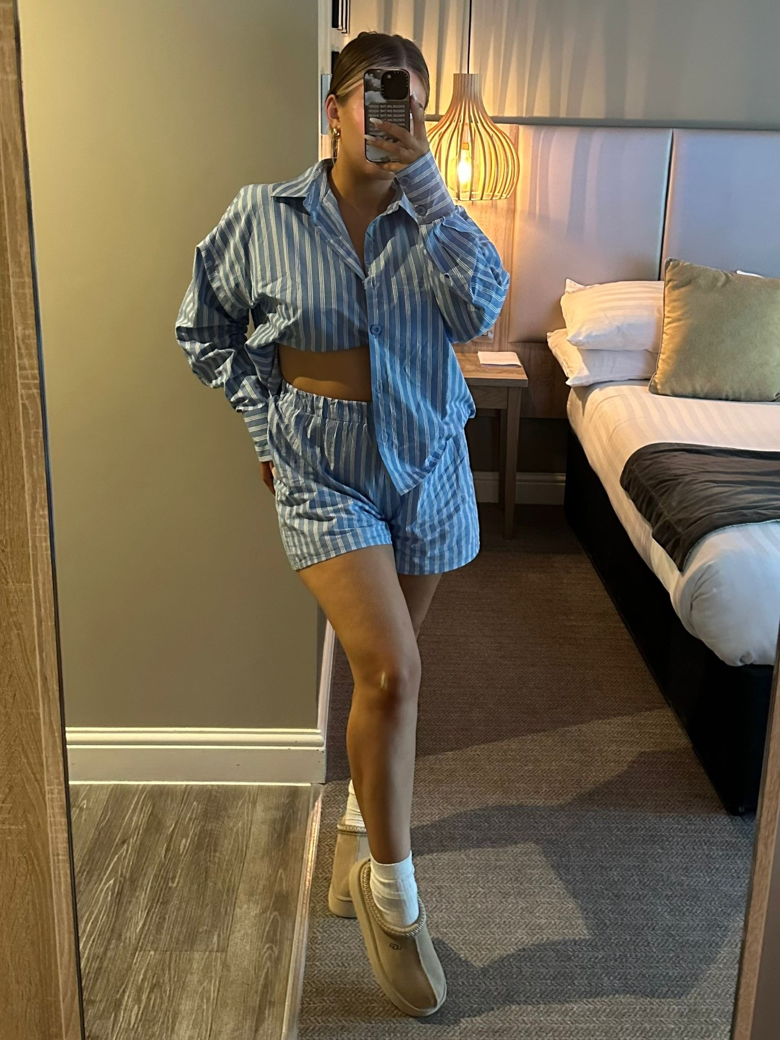 Stripe shirt and Shorts set, linen two piece, pinstripe shirt, platform Ugg slippers, micro shorts, cosy wool socks, PLT 

#LTKstyletip #LTKeurope #LTKSeasonal