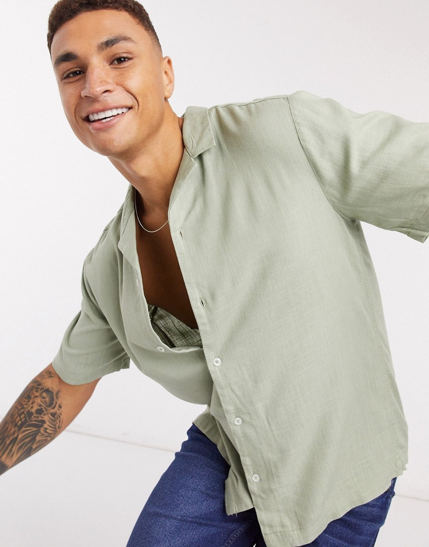 River Island short sleeve linen revere shirt in khaki-Green | ASOS (Global)