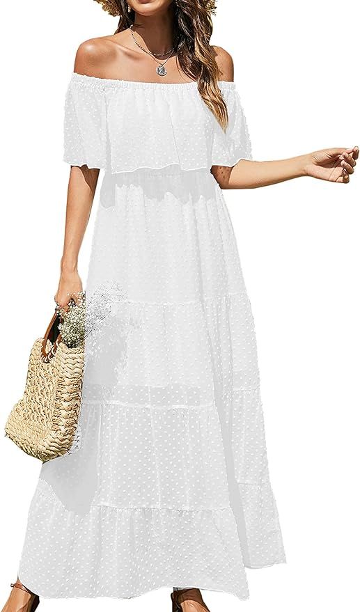 KIRUNDO 2023 Summer Women's Off Shoulder Maxi Dress Swiss Dots Short Sleeve High Waist Tiered Lon... | Amazon (US)