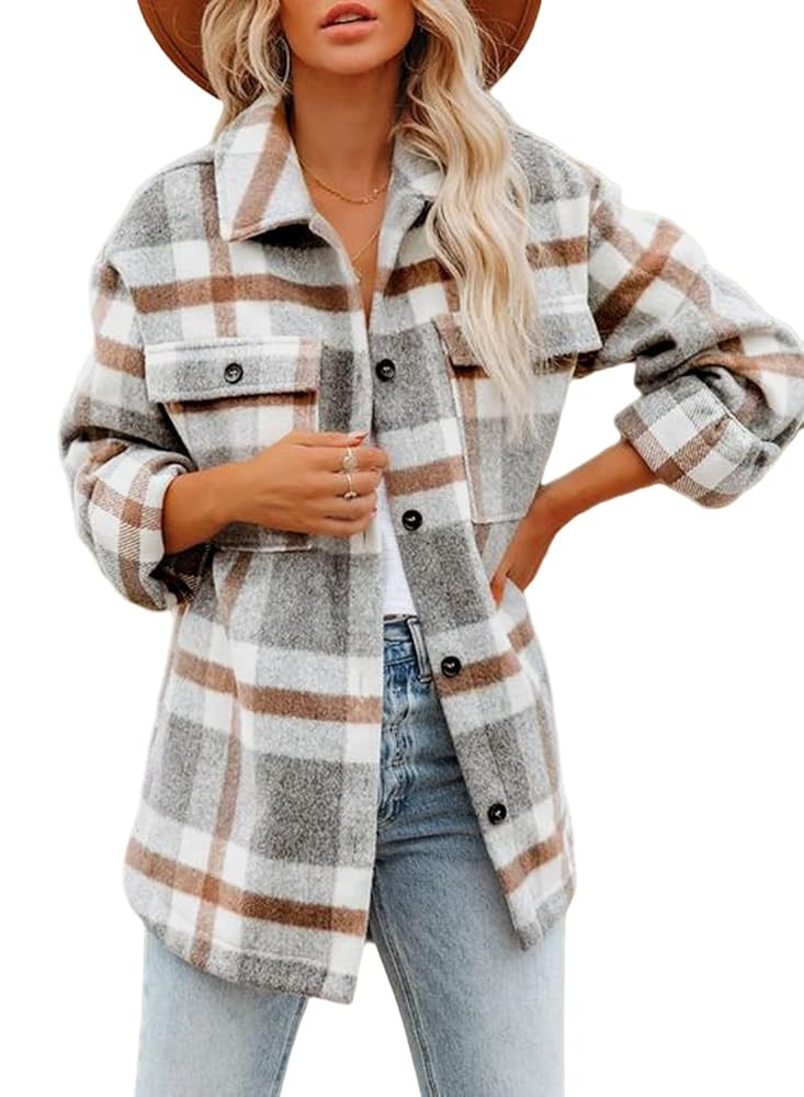 Beaully Women's Flannel Plaid Shacket 2025 Fall Outfits Long Sleeve Button Down Shirts Jacket Coa... | Amazon (US)