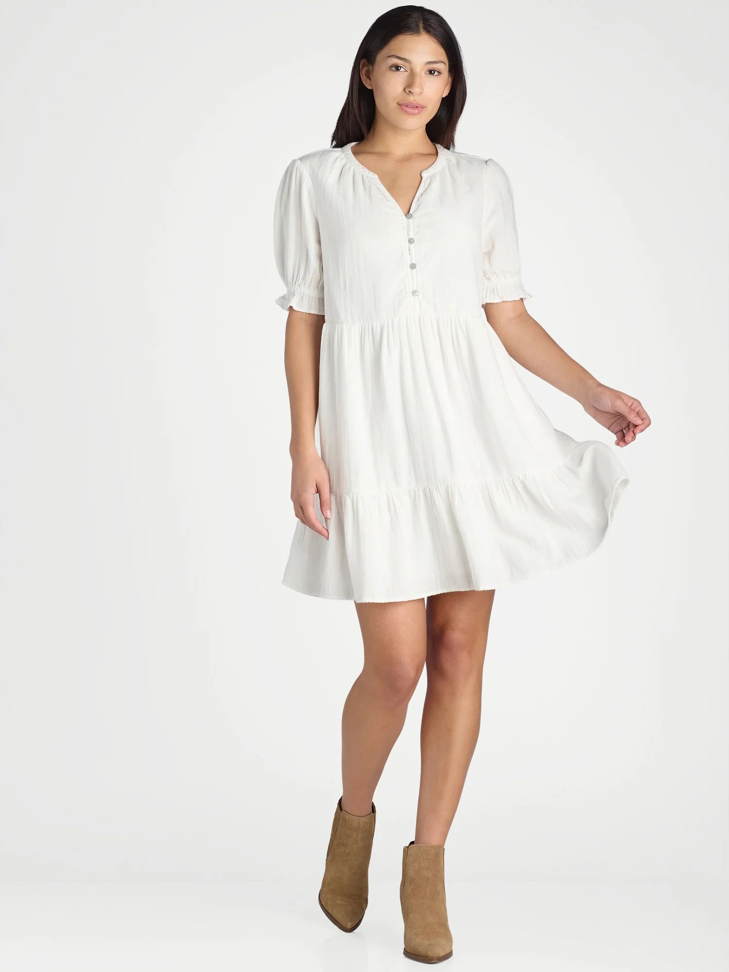 Time and Tru Women’s Cotton Tiered Mini Dress with Short Sleeves, Sizes XS-XXXL | Walmart (US)