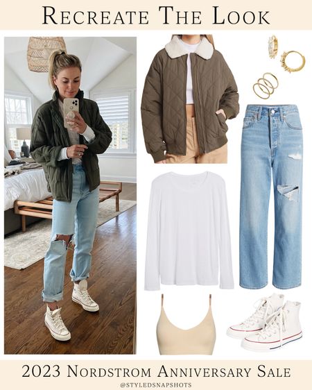 Casual fall outfit, all under $100
•jacket is same brand as my old one (usually runs oversized, mine was XS) 
•I sized down 1 in this Levi style last year 
•bralette fits tts, small 

#LTKunder100 #LTKSeasonal #LTKxNSale