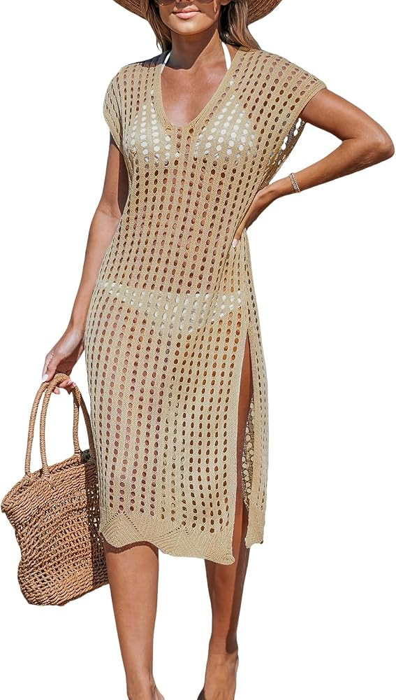 CUPSHE Women's V Neck Sheer Crochet Loose Cover Up Dress Short Sleeve Side Slit Beach Mini Dress | Amazon (US)