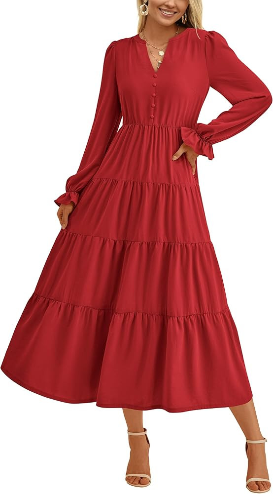 PRETTYGARDEN Women's Fall Maxi Dress Long Sleeve V Neck Tiered Ruffle Flowy A Line Cocktail Party... | Amazon (US)
