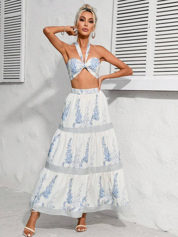 SHEIN VCAY Plants Print Tie Backless Halter Top & Ruffle Hem Skirt | SHEIN