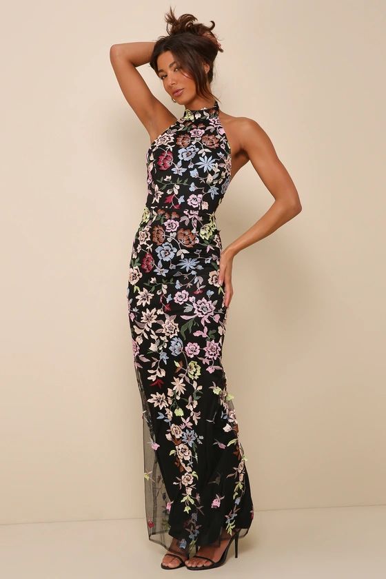 Infinite Praise Black 3D Floral Embroidered Halter Maxi Dress | Lulus