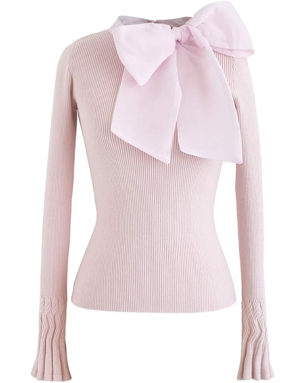 CHICWISH Women Bow Tied Long Sleeve Knit Top Mock Neck Slim Fitted Elegant Blouses Top Solid Wrap... | Amazon (US)