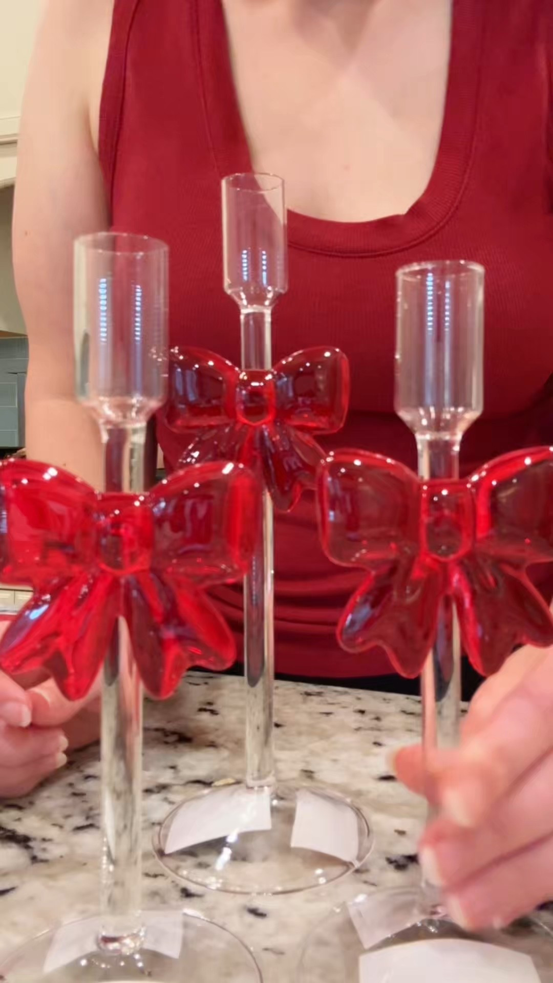Grab these quick! They are already gone in my local store and the online option now shows Low Stock for me.  ❤️ These red bow glass candlestick holders come in two sizes and are under $8 and under $6! 
These will make beautiful Christmas holiday decoration, as well as Valentine’s Day or even birthday decor. Honestly, these might turn into my year round favorite candlestick holders 🎀
Ribbons and bows 💞

I linked the exact ones, as well as the LED Flameless tapered candlesticks I got to go with them - but you can also do classic, real flame candles of course!
#holidaydecor #bows #christmas #LTKHoliday #LTKChristmas #Christmasdecor #Walmart #WalmartFinds 

#LTKSeasonal #LTKParties #LTKHome