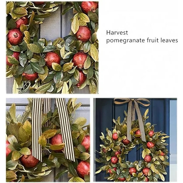 Front Door Round Wooden Fall Wreath with Brown Magnolia Leaves and Small Pomegranate Fruits leave... | Walmart (US)