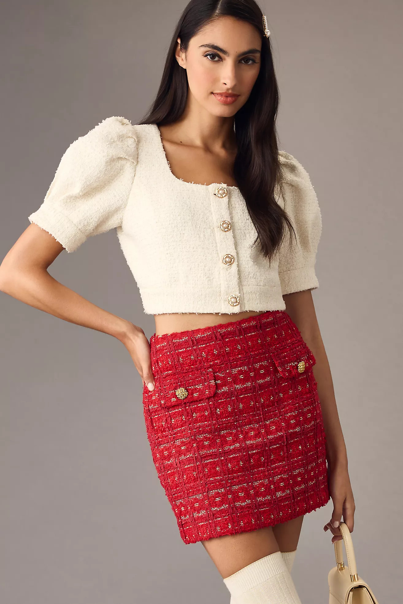 Endless Rose Cropped Puff-Sleeve Tweed Top | Anthropologie (US)