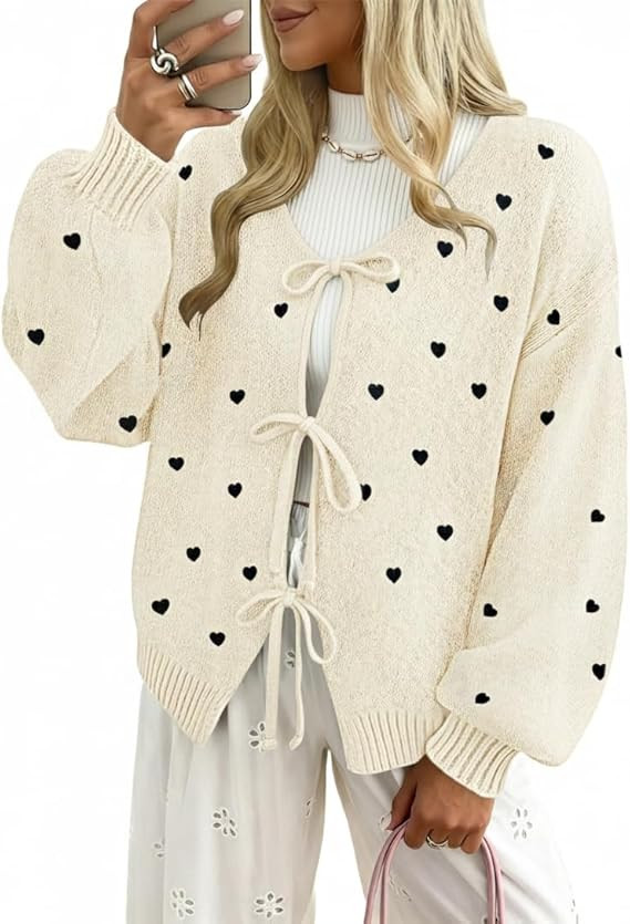 Womens Bow Tie Front Cardigan Sweaters Long Puff Sleeve Cute Print Jacket Coats 2025 Trendy Fall ... | Amazon (US)