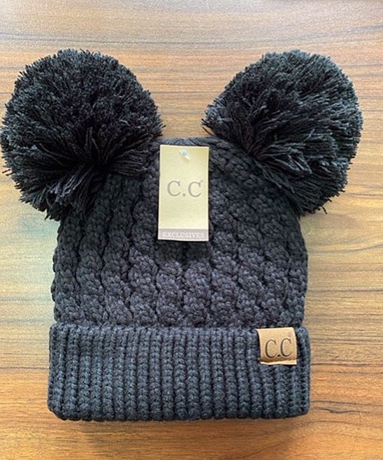 C.C Women's Beanies DKMELGREY - Dark Melange Knit Double Pom-Pom Beanie | Zulily
