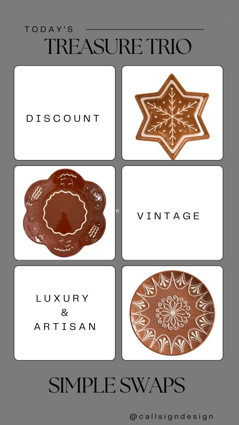 Looking for the perfect plates for your holiday feast? Check out these charming gingerbread style plates we found! Perfect for any holiday occasion. Happy shopping! 

#Christmas #ChristmasDecor #WhiteChristmas #TraditionalChristmas #VintageChristmas #CallSignDesign #Vintage #Luxury #InteriorDesign #InteriorDecorating #Elegance #Chandelier #OldWorldCharm #DesignStyle #CastleCore #OldWorldCharm  #SimpleSwaps