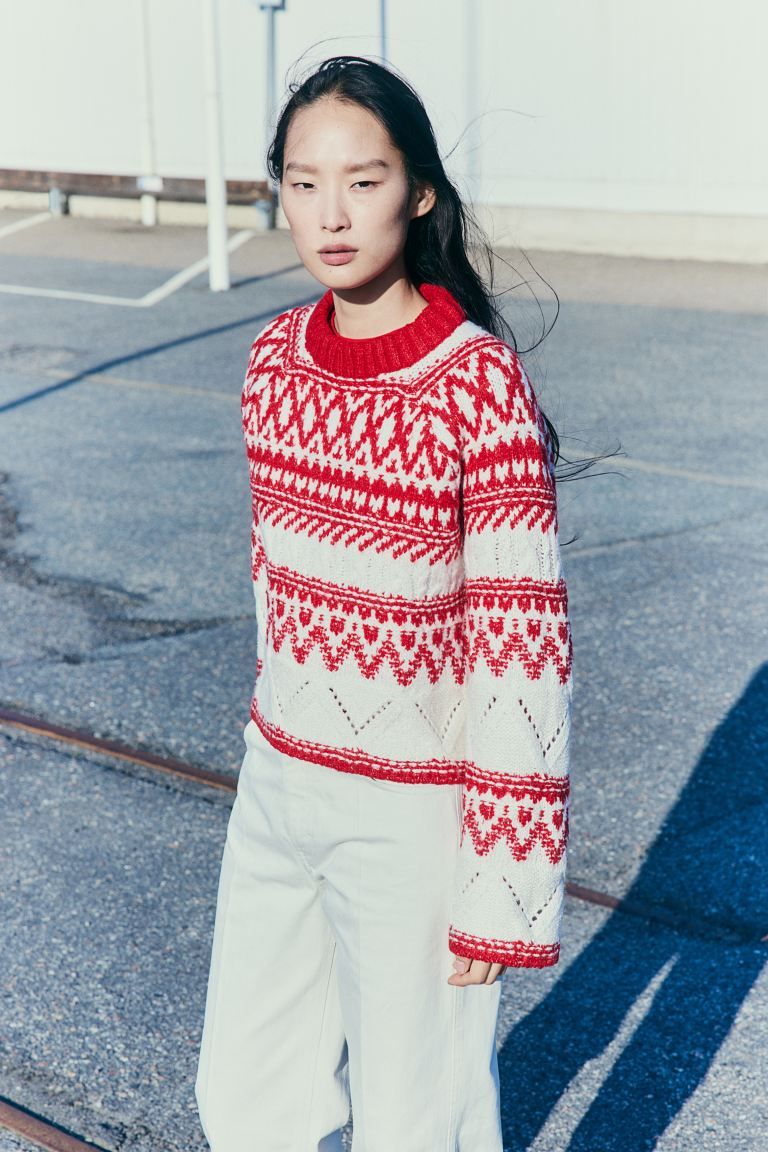 Jacquard-knit Sweater - Red/white - Ladies | H&M US | H&M (US)
