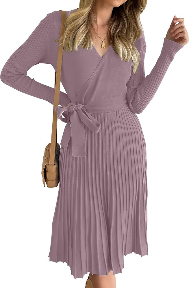 ZESICA Women's 2024 Fall Long Sleeve Wrap V Neck Ribbed Knit Pleated A Line Pullover Sweater Dres... | Amazon (US)