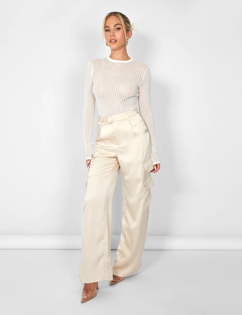Kaiia Satin Wide Leg Cargos in Beige | Public Desire