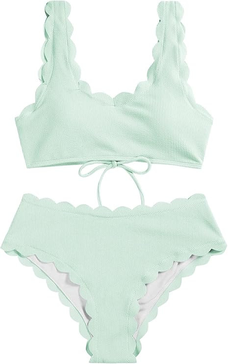 ZAFUL High Waisted Swimsuits for Women Scalloped Bikini Sets Back Lace-Up Tankini Sets Tummy Cont... | Amazon (US)