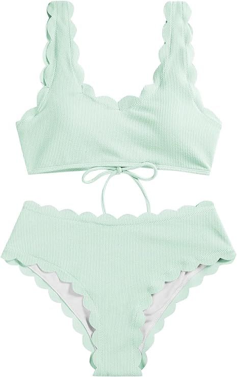 ZAFUL High Waisted Swimsuits for Women Scalloped Bikini Sets Back Lace-Up Tankini Sets Tummy Cont... | Amazon (US)