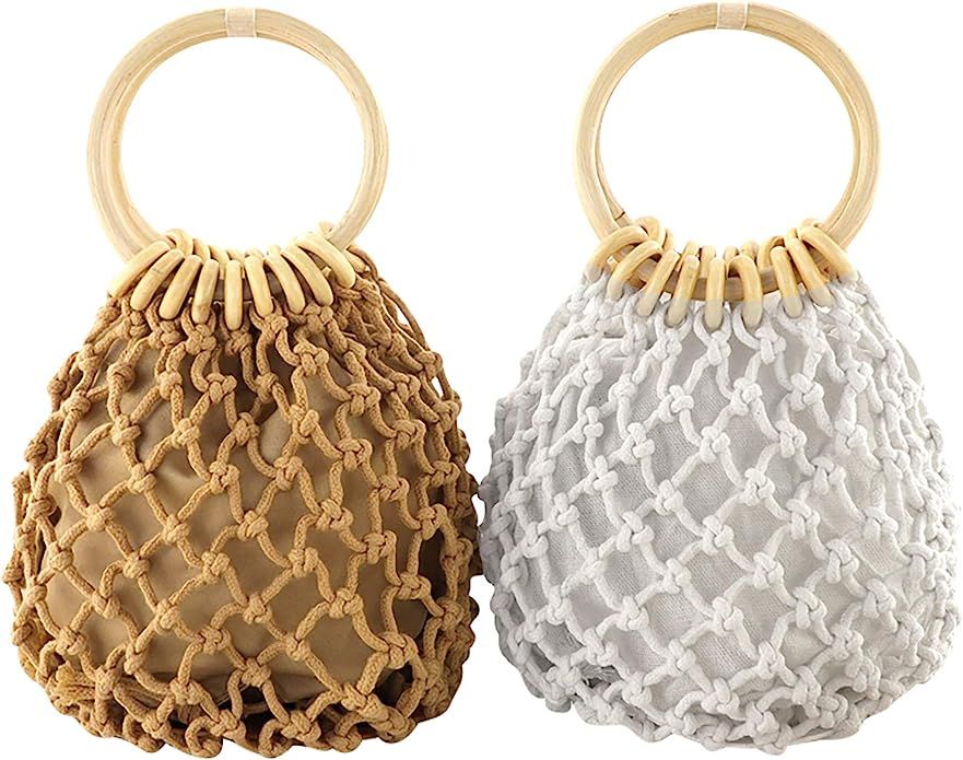 Ayliss Women Mini Clutch Tote Handbag Top-handle Bucket Drawstring Handbag Beach Woven Handmade F... | Amazon (US)