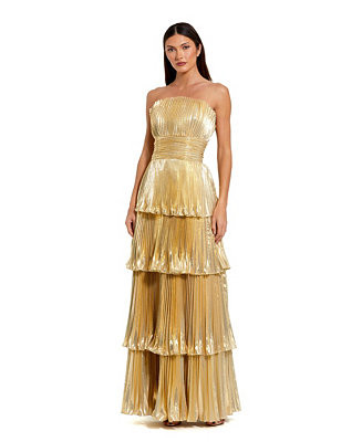 Mac Duggal Women's Strapless Pleated Metallic Layered High Low Gown - Macy's | Macy's