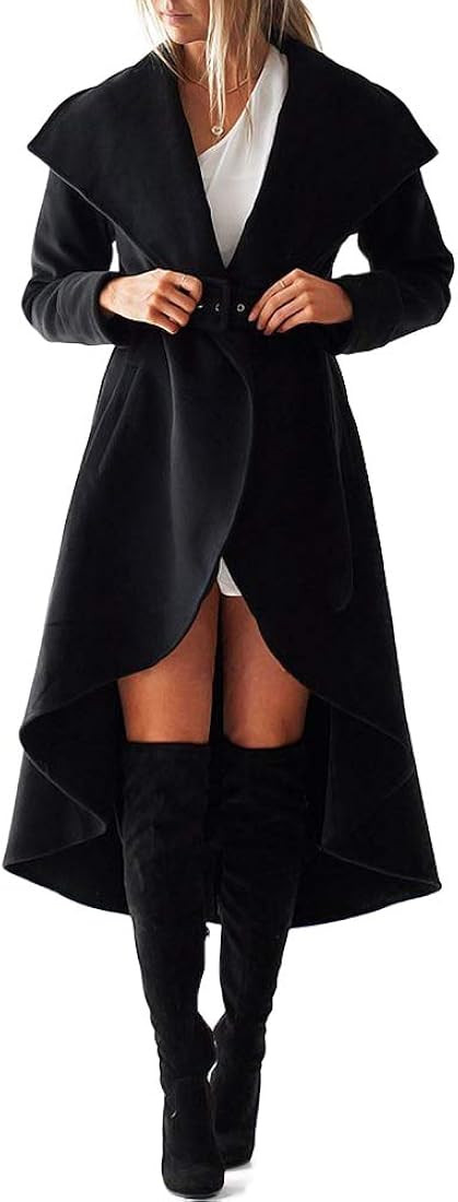 SAUKOLE Women's Winter Wool Trench Coat Wrap Large Collar High Low Jacket Outwear with Belt | Amazon (US)
