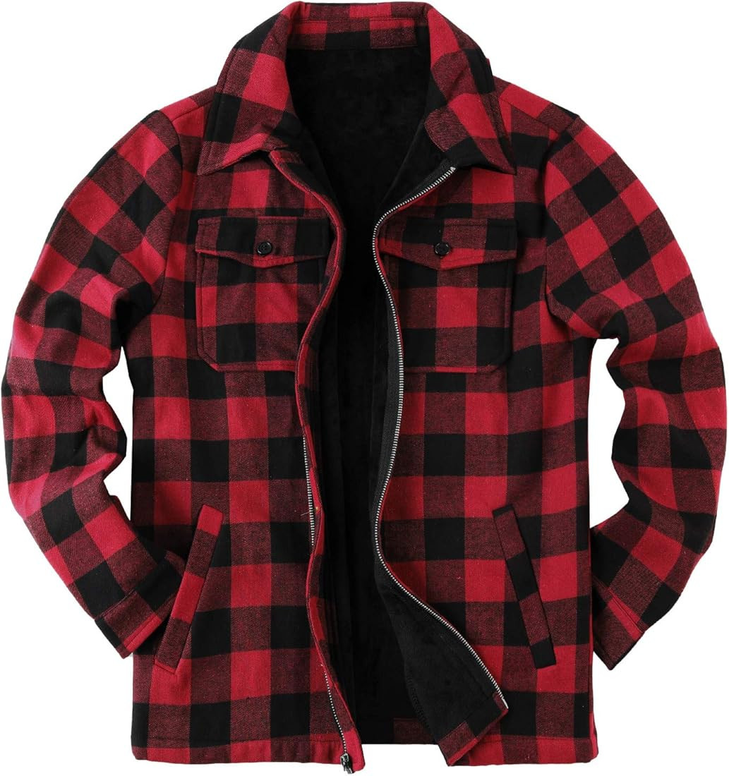 Mens Fleece Jacket Sherpa Lined Zip Up Buffalo Plaid Flannel Coat Casual Long Sleeve Warm Fall Wi... | Amazon (US)