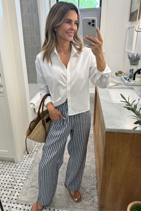  Cropped soft button up sz S
-Jcrew striped linen pants/ stripe solid out, solids available. 
Linked the Madewell pants I have and love. I wear a 0 in them. Size down 1 size  
-sezane basket tote
-Talbots sandals are buy 1 get one 50% off site. 


#LTKOver40 #LTKSaleAlert #LTKFindsUnder100