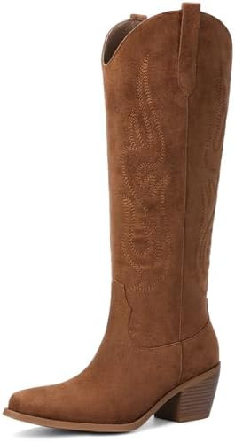 Pasuot Western Cowboy Boots for Women - Knee High Wide Calf Cowgirl Boots with Classic Embroidere... | Amazon (US)