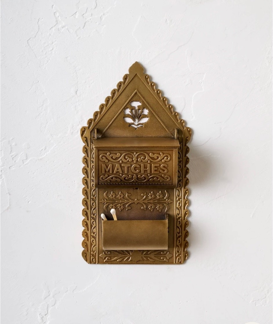 Vintage-inspired brass match holder. A beautiful little accent for the mantel or fireplace, with a textured strike surface built right into the side. Practical and pretty.

#LTKHome