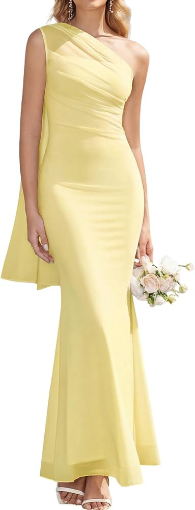 HTZMO Womens One Shoulder Formal Wedding Guest Maxi Dress Summer Bodycon Ruched Elegant Cocktail ... | Amazon (US)