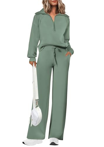 PRETTYGARDEN Women's 2 Piece Outfits Casual Lapel Half Zip Sweatshirts And Wide Leg Pants Tracksuit Sets (Grey Green,Small) | Amazon (US)