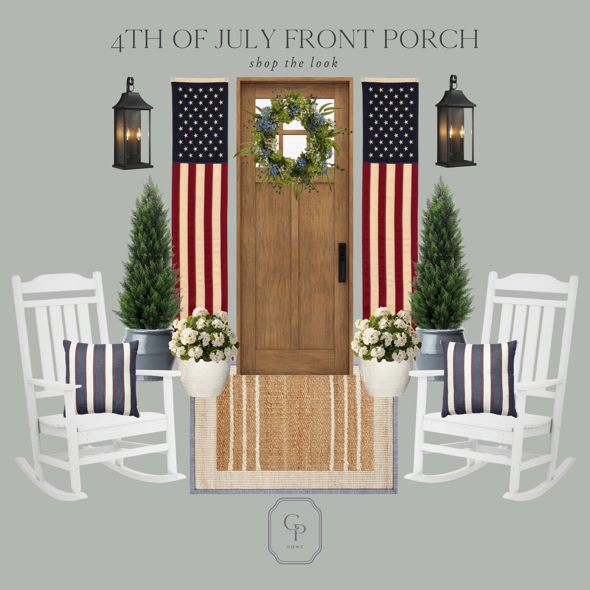 4th of July front porch inspiration 🇺🇸 I love that Americana summer aesthetic is trending because how classic is this front porch mood board?! 🤍 I love the white rocking chairs, black lanterns, and beautiful decor.