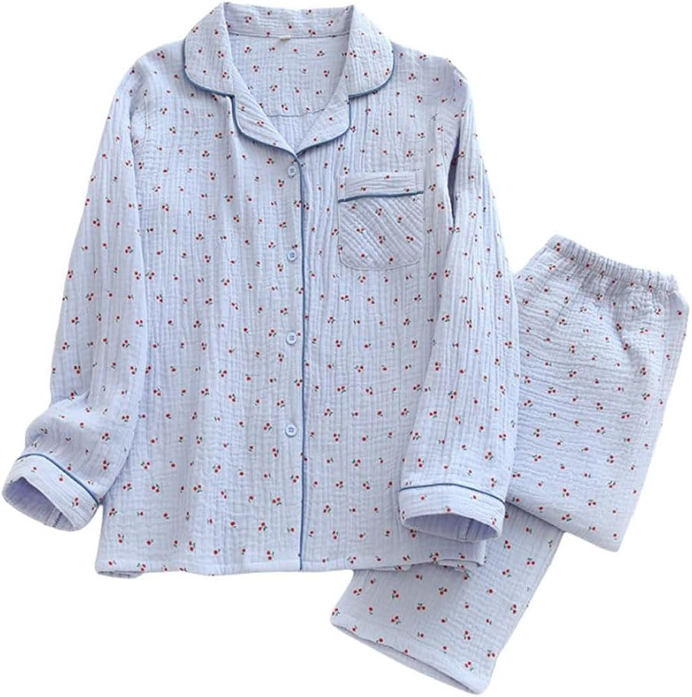Womens Cotton Gauze Pajama Set Long Sleeve Button Up Shirt and Pants 2 Piece Cute Printed Pj Set | Amazon (US)
