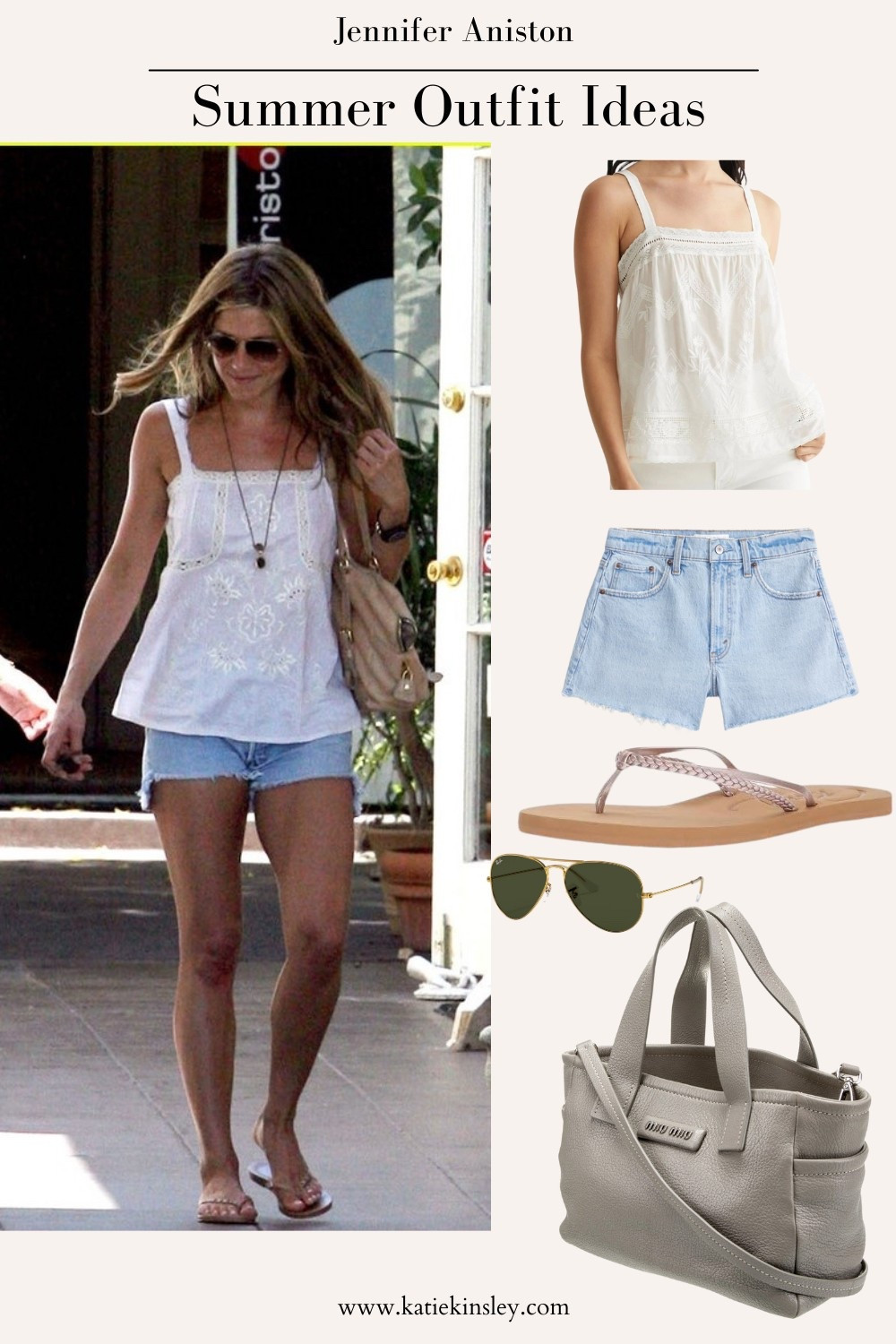 Jennifer Aniston wearing an embroidered white tank top with Jean shorts 

#LTKStyleTip