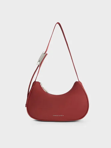 Red Nylon Curved Metallic-Accent Shoulder Bag | CHARLES & KEITH UK | Charles & Keith UK