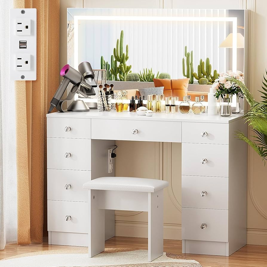 VOWNER Vanity with Lighted Mirror - Makeup Desk with Power Outlet and 9 Drawers, 3 Color Lighting... | Amazon (US)