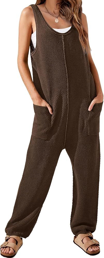 WIHOLL Womens Casual Loose Knit Jumpsuits Sleeveless V Neck Romper with Pocket and Long Pants Ove... | Amazon (US)