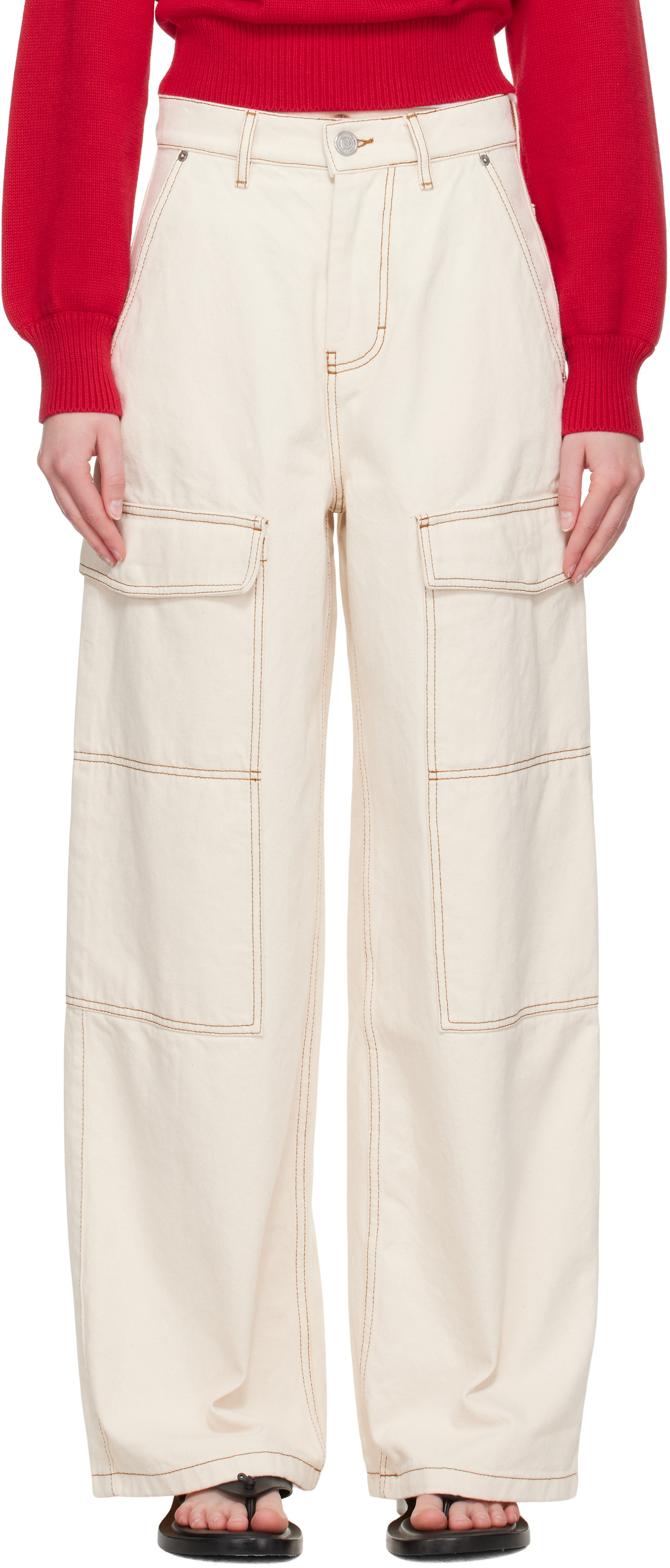 AMI Paris Beige Cotton Wide Fit Denim Cargo Pants | SSENSE
