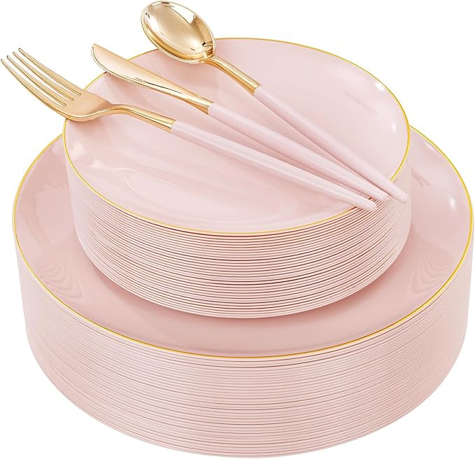 DaYammi 150Pcs Pink and Gold Plastic Plates Heavy Duty Gold Rimmed Plates Pink Plastic Disposable... | Amazon (US)
