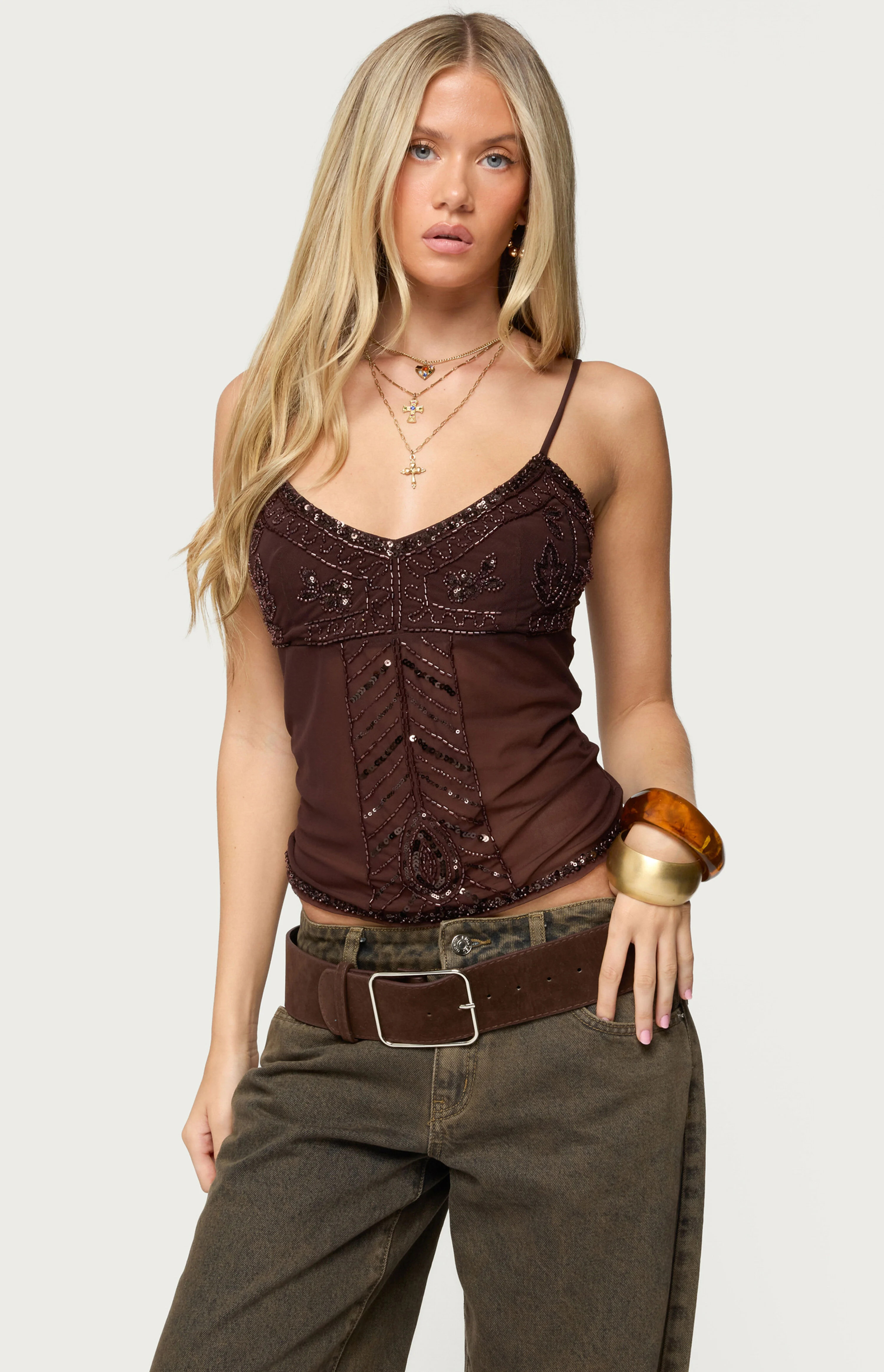 Edikted Azelia Beaded Sheer Chiffon Top | PacSun